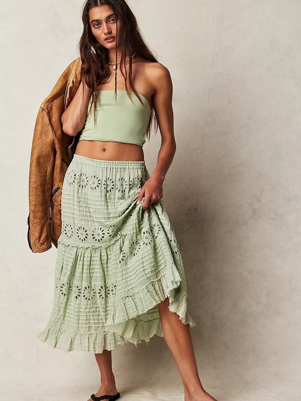 Free People FP ONE Lorelai Eyelet Tiered Midi Maxi Skirt Boho Bliss